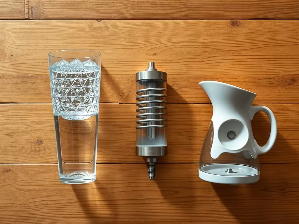 Trois appareils d'eau structurée pour dynamiser l'eau à domicile posés sur une table bois.