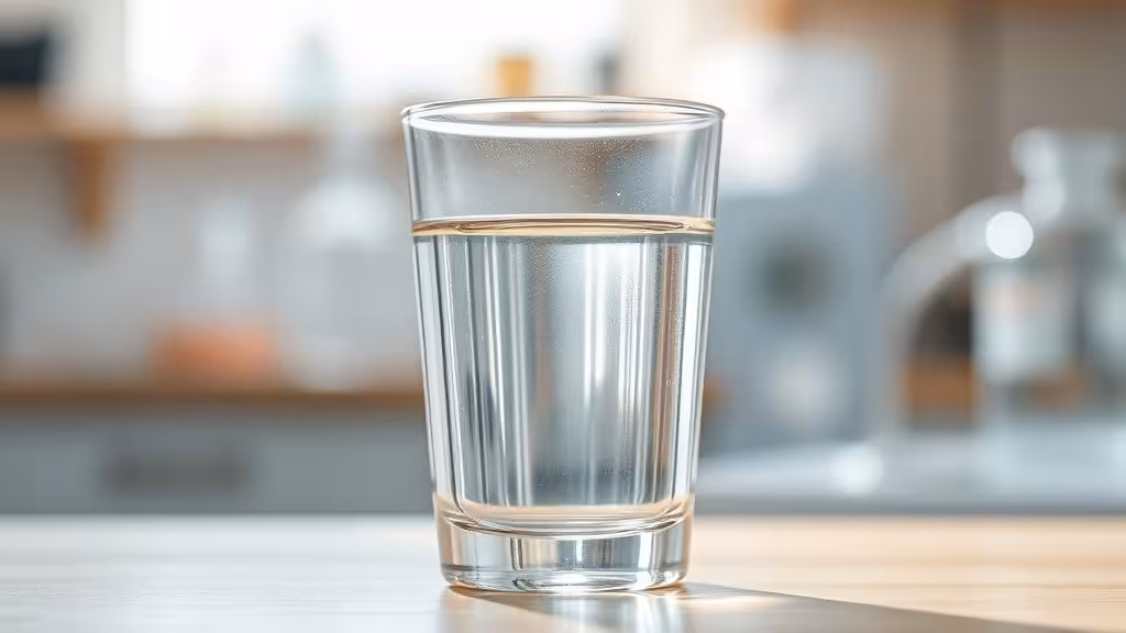 Verre d'eau clair illuminé par la lumière naturelle, ambiance d'observation contemplative, illustrant le concept d'eau informée