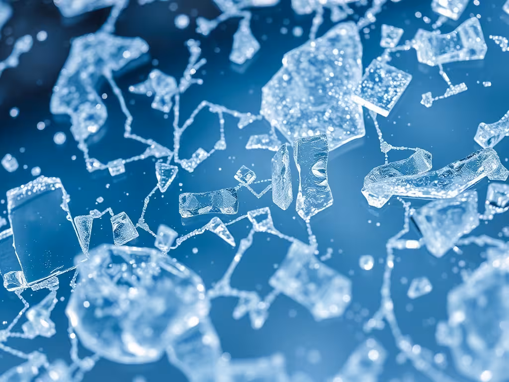 Macro détail de cristaux de glace formant des patterns géométriques, évoquant la structure cristalline de l'eau