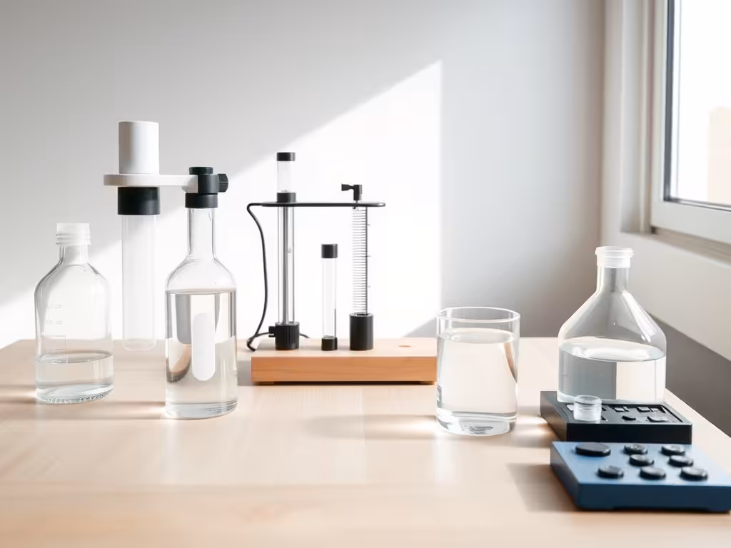 Kit de test scientifique de l'eau avec verres et instruments de mesure, incarnant la rigueur et la vigilance
