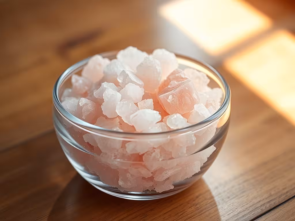 Cristaux de sel de l'Himalaya rose dans un verre, ingrédient clé pour reminéraliser l'eau.