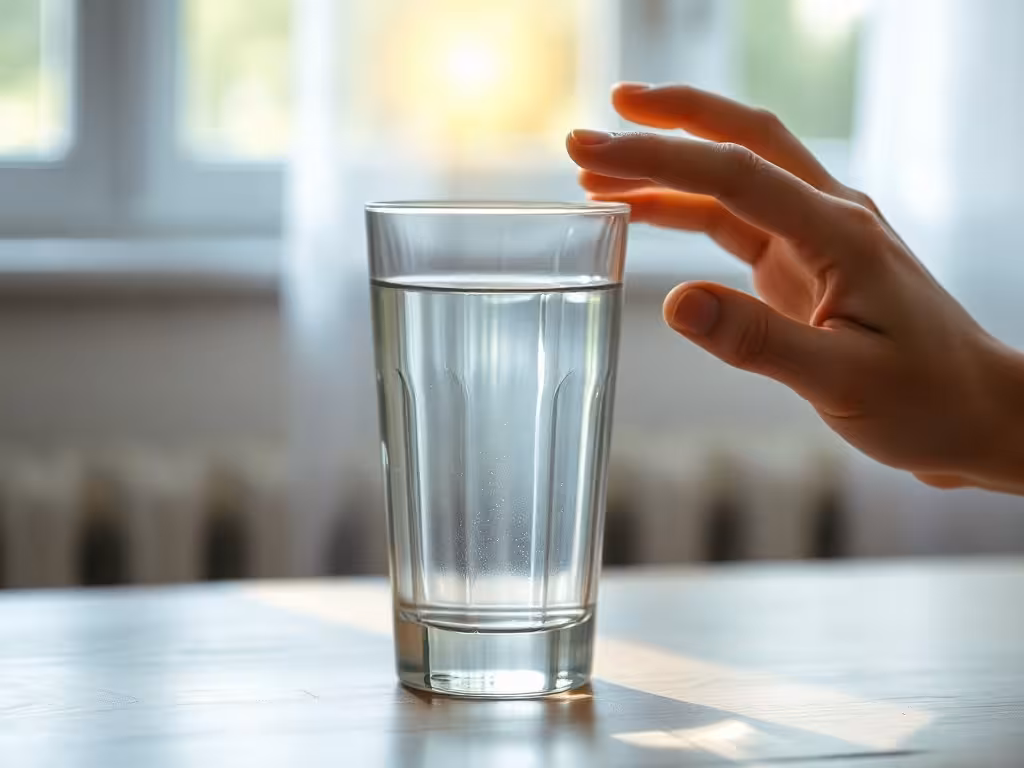 Verre d'eau claire sur table bois dans la lumière naturelle du matin, moment de rituel quotidien avec l'eau filtrée