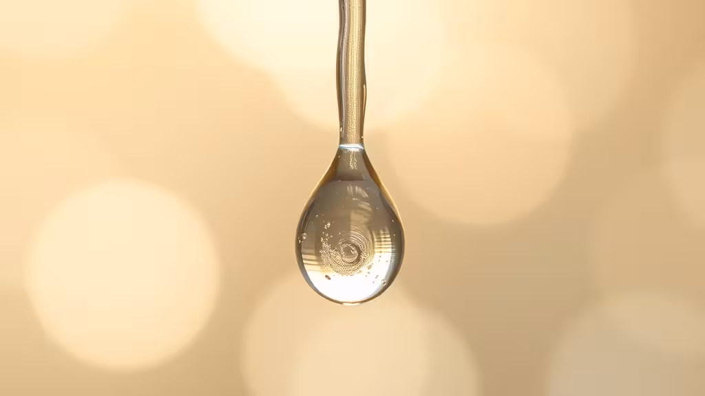 Goutte d'eau cristalline en lumière naturelle avec reflets prismatiques, symbolisant le taux vibratoire de l'eau.
