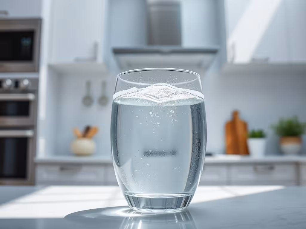 Verre d'eau cristalline en cuisine domestique, illustrant l'amélioration quotidienne du taux vibratoire de l'eau au quotidien.